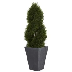 4’ Cypress Double Spiral Topiary Artificial Tree In Slate Planter(Indoor/Outdoor)