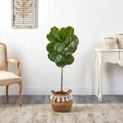 4’ Fiddle Leaf Tree In Boho Chic Handmade Natural Cotton Woven Planter With Tassels UV Resistant -Artificial Flowers Sale artificial 4 fiddle leaf tree in boho chic handmade natural cotton woven planter with tassels uv resistant nearly natural 411034