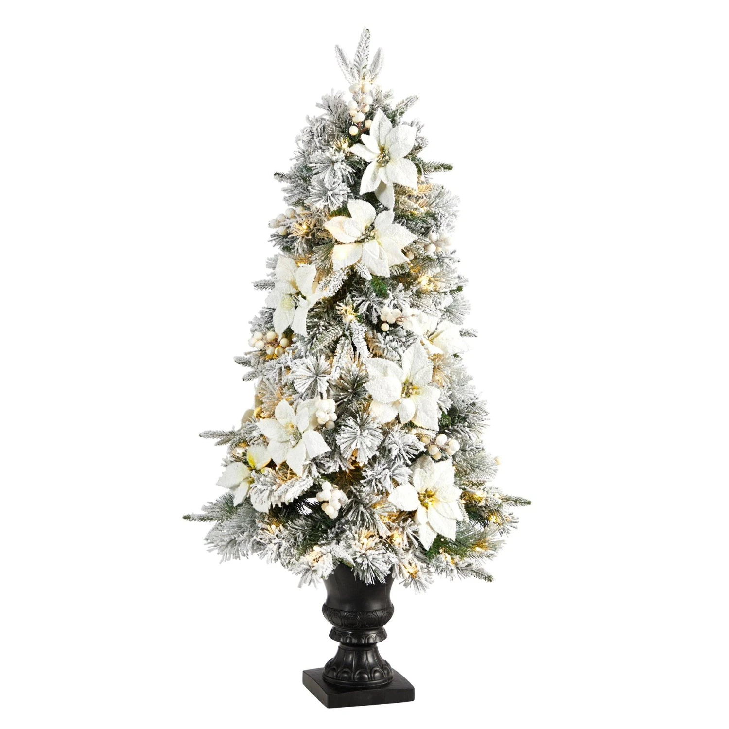 4’ Flocked Artificial Christmas Tree With 223 Bendable Branches And 100 Warm Lights In Decorative Urn 3 4’ Flocked Artificial Christmas Tree With 223 Bendable Branches And 100 Warm Lights In Decorative Urn