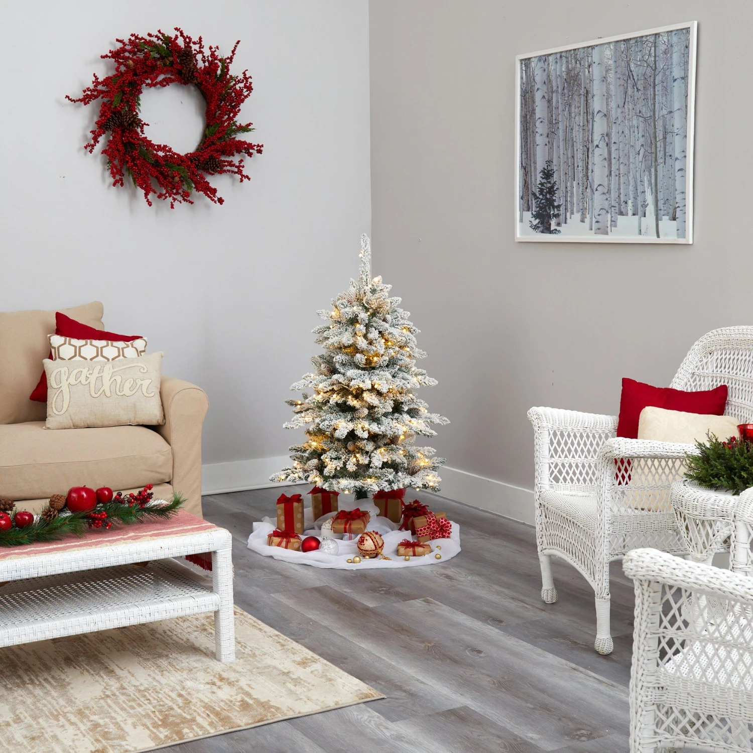 4’ Flocked Livingston Fir Artificial Christmas Tree With Pine Cones And 150 Clear Warm LED Lights 9 4’ Flocked Livingston Fir Artificial Christmas Tree With Pine Cones And 150 Clear Warm LED Lights - Image 7