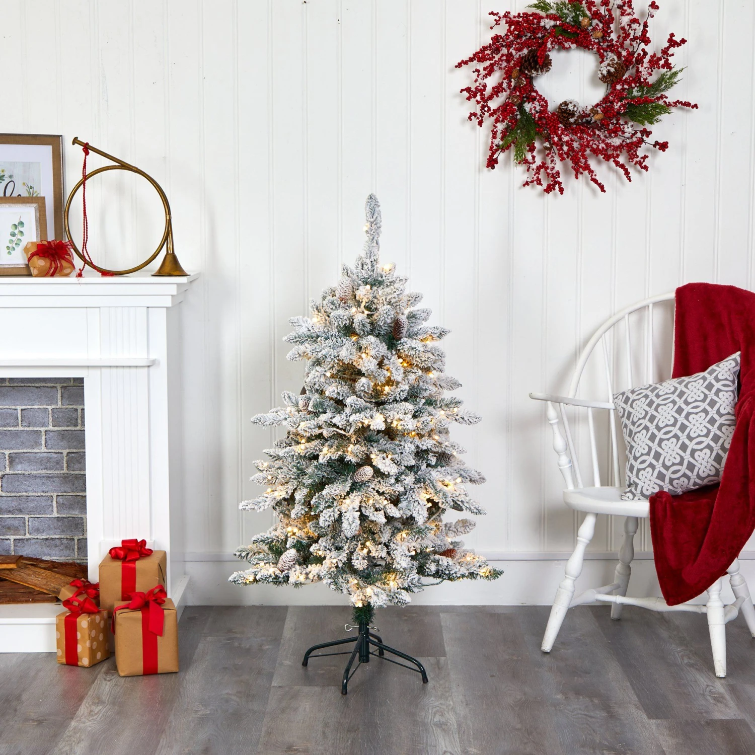 4’ Flocked Livingston Fir Artificial Christmas Tree With Pine Cones And 150 Clear Warm LED Lights 8 4’ Flocked Livingston Fir Artificial Christmas Tree With Pine Cones And 150 Clear Warm LED Lights - Image 6