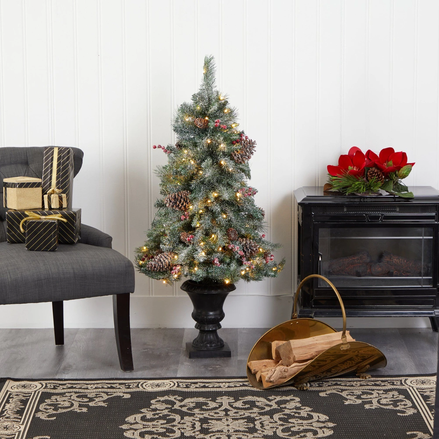 4’ Frosted Pine, Pinecone And Berries Artificial Christmas Tree With 100 Clear LED Lights In Decorative Urn 7 4’ Frosted Pine, Pinecone And Berries Artificial Christmas Tree With 100 Clear LED Lights In Decorative Urn - Image 5