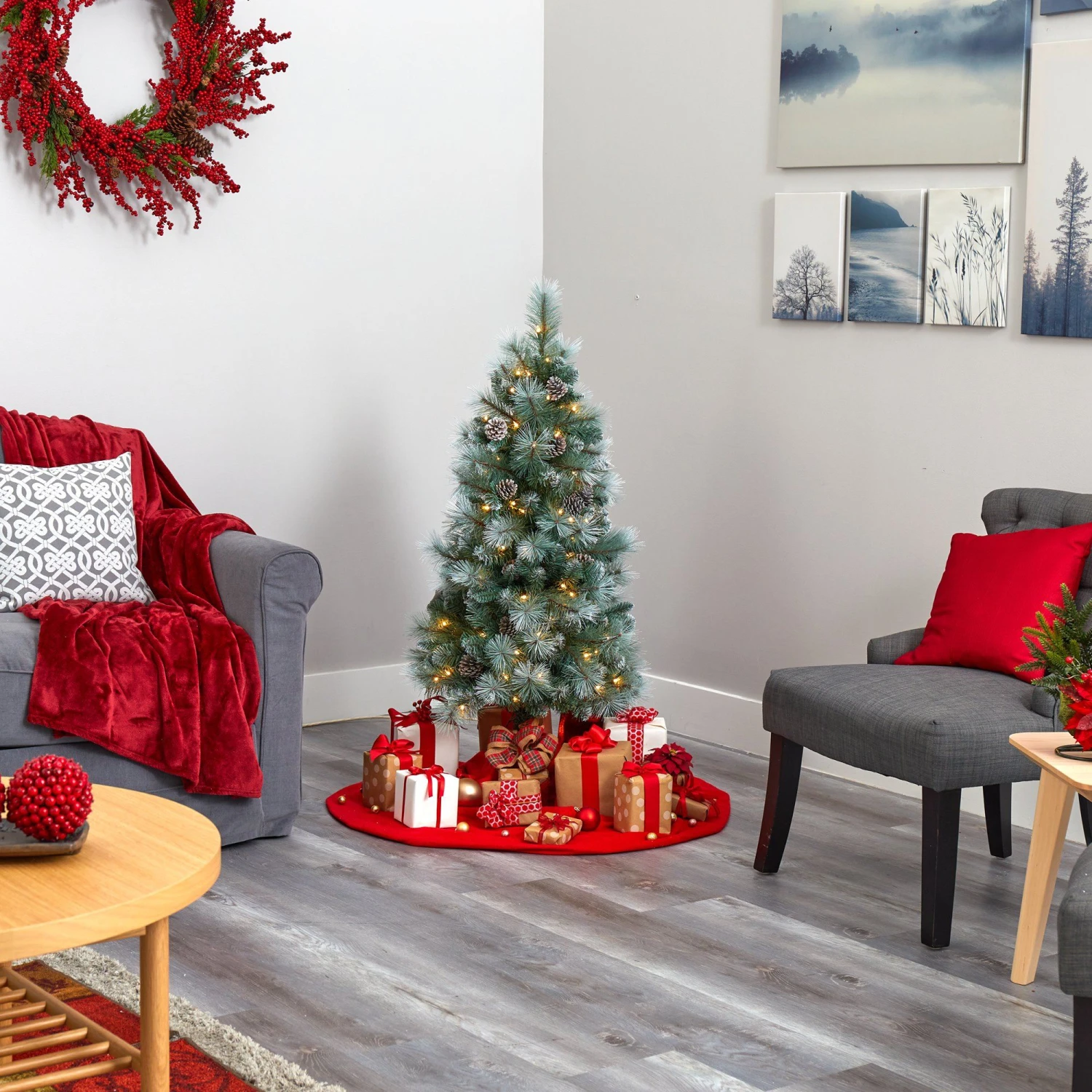 4’ Frosted Tip British Columbia Mountain Pine Artificial Christmas Tree With 100 Clear Lights, Pine Cones And 228 Bendable Branches 8 4’ Frosted Tip British Columbia Mountain Pine Artificial Christmas Tree With 100 Clear Lights, Pine Cones And 228 Bendable Branches - Image 6