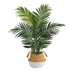 4' Kentia Palm Artificial Tree In Boho Chic Handmade Cotton & Jute White Woven Planter