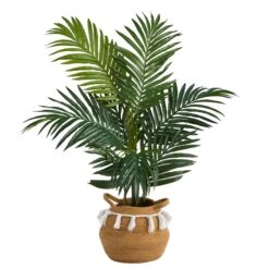 4' Kentia Palm Artificial Tree In Boho Chic Handmade Natural Cotton Woven Planter With Tassels