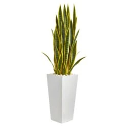 4’ Sansevieria Artificial Plant In White Tower Planter