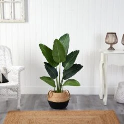 4’ Travelers Palm Artificial Tree In Boho Chic Handmade Cotton & Jute Black Woven Planter -Artificial Flowers Sale artificial 4 travelers palm artificial tree in boho chic handmade cotton jute black woven planter nearly natural 953921