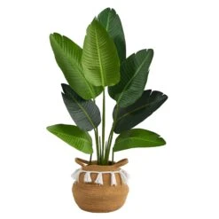 4’ Travelers Palm Artificial Tree In Boho Chic Handmade Natural Cotton Woven Planter With Tassels