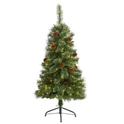4’ White Mountain Pine Artificial Christmas Tree With 100 Clear LED Lights And Pine Cones