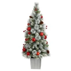 4' Winter Flocked Christmas Tree Pre-Lit With 50 Lights And Ornaments In Decorative Planter -Artificial Flowers Sale artificial 4 winter flocked christmas tree pre lit with 50 led lights and ornaments in decorative planter nearly natural 213738