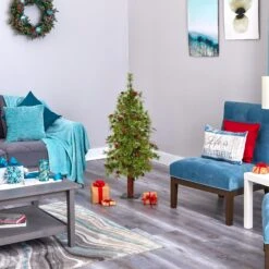 4' Wyoming Alpine Artificial Christmas Tree With 50 Clear (multifunction) LED Lights And Pine Cones On Natural Trunk -Artificial Flowers Sale artificial 4 wyoming alpine artificial christmas tree with 50 clear multifunction led lights and pine cones on natural trunk nearly natural 179992