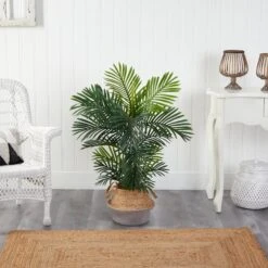 40” Areca Palm Tree In Boho Chic Handmade Cotton & Jute Gray Woven Planter UV Resistant -Artificial Flowers Sale artificial 40 areca palm tree in boho chic handmade cotton jute gray woven planter uv resistant nearly natural 795222