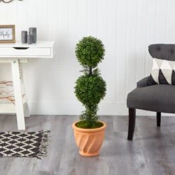 40” Boxwood Double Ball Topiary Artificial Tree In Terra-Cotta Planter (Indoor/Outdoor) -Artificial Flowers Sale artificial 40 boxwood double ball topiary artificial tree in terra cotta planter indooroutdoor nearly natural 652462
