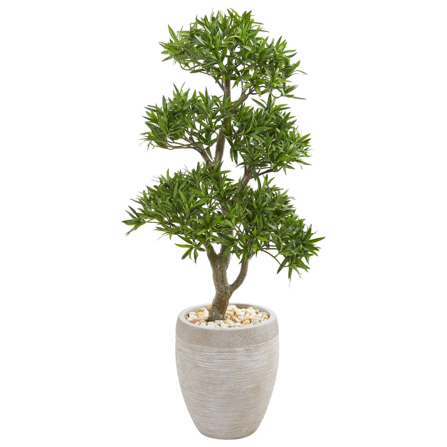 43” Bonsai Styled Podocarpus Artificial Tree In Sandstone Planter 3 43” Bonsai Styled Podocarpus Artificial Tree In Sandstone Planter