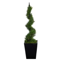 44” Cypress Spiral Topiary Artificial Tree In Black Metal Planter