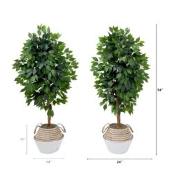 4.5' Artificial Ficus Tree With Double Trunk In A Handmade Cotton & Jute Basket DIY KIT - Set Of 2 -Artificial Flowers Sale artificial 45 artificial ficus tree with double trunk in a handmade cotton jute basket diy kit set of 2 plant in planter nearly natural 739455