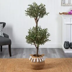 4.5' Artificial Olive Double Topiary With Handmade Jute & Cotton Basket With Tassels -Artificial Flowers Sale artificial 45 artificial olive double topiary 5 artificial bougainvillea tree with handmade jute cotton basket with tassels plant in planter nearly natural 182361