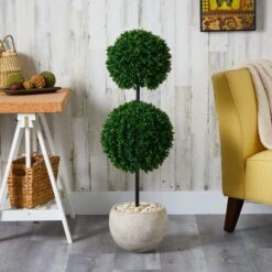 45” Boxwood Double Ball Artificial Topiary Tree In Sand Colored Planter (Indoor/Outdoor) -Artificial Flowers Sale artificial 45 boxwood double ball artificial topiary tree in sand colored planter uv resistant indooroutdoor nearly natural 608745