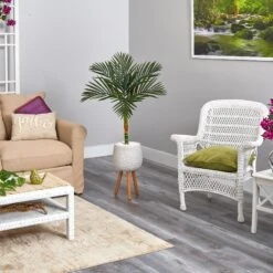 4.5’ Golden Cane Artificial Palm Tree In White Planter With Stand -Artificial Flowers Sale artificial 45 golden cane artificial palm tree in white planter with stand nearly natural 456015