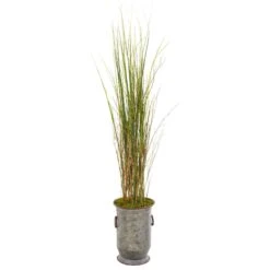 45” Grass And Bamboo Artificial Plant In Vintage Metal Planter