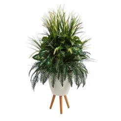 4.5’ Mixed Greens Artificial Plant In White Planter With Legs