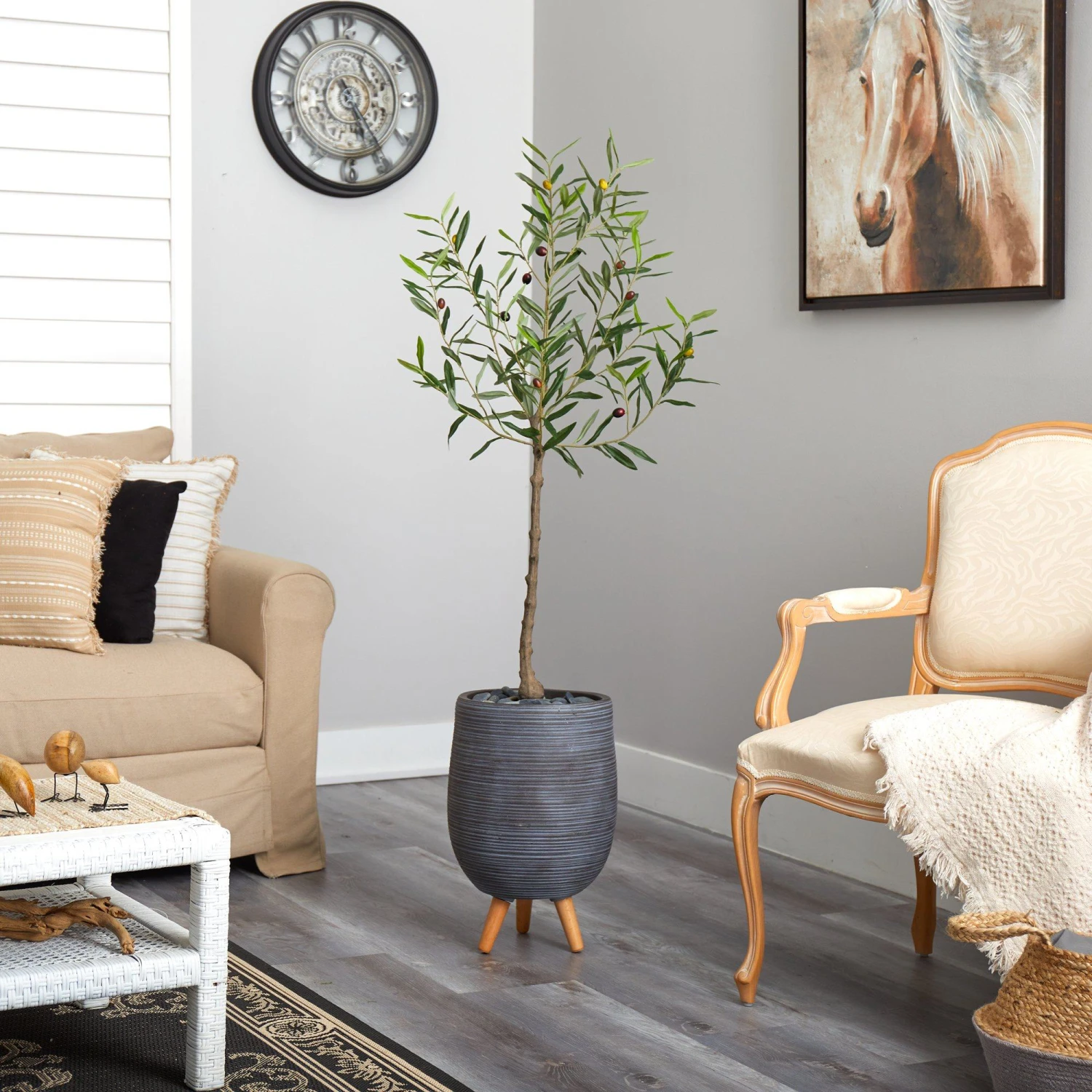 4.5’ Artificial Olive Tree In Gray Planter With Stand 6 4.5’ Artificial Olive Tree In Gray Planter With Stand - Image 4