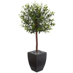 4.5’ Olive Topiary Artificial Tree In Black Washed Planter