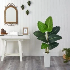 4.5’ Travelers Palm Artificial Tree In White Planter -Artificial Flowers Sale artificial 45 travelers palm artificial tree in white planter nearly natural 885217