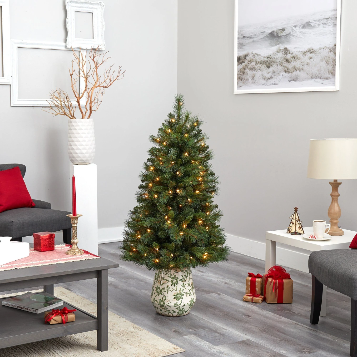 4.5’ West Virginia Mountain Pine Artificial Christmas Tree With 100 Clear Lights And 322 Bendable Branches In Floral Print Planter 10 4.5’ West Virginia Mountain Pine Artificial Christmas Tree With 100 Clear Lights And 322 Bendable Branches In Floral Print Planter - Image 8