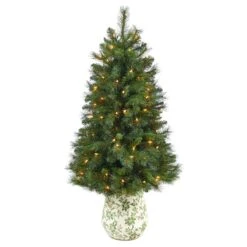 4.5’ West Virginia Mountain Pine Artificial Christmas Tree With 100 Clear Lights And 322 Bendable Branches In Floral Print Planter