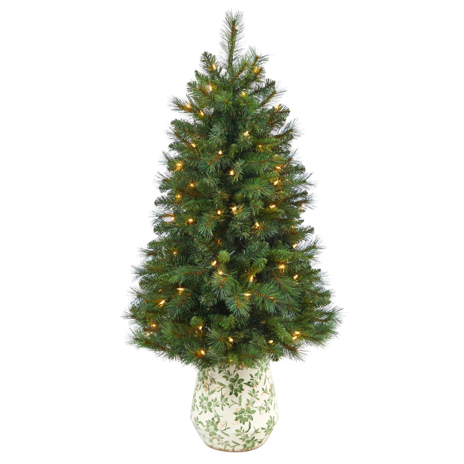4.5’ West Virginia Mountain Pine Artificial Christmas Tree With 100 Clear Lights And 322 Bendable Branches In Floral Print Planter 3 4.5’ West Virginia Mountain Pine Artificial Christmas Tree With 100 Clear Lights And 322 Bendable Branches In Floral Print Planter