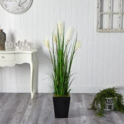 4.5’ Wheat Plum Grass Artificial Plant In Black Metal Planter -Artificial Flowers Sale artificial 45 wheat plum grass artificial plant in black metal planter nearly natural 103113