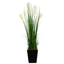4.5’ Wheat Plum Grass Artificial Plant In Black Metal Planter