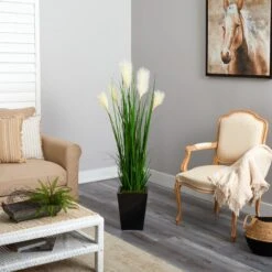 4.5’ Wheat Plum Grass Artificial Plant In Black Metal Planter -Artificial Flowers Sale artificial 45 wheat plum grass artificial plant in black metal planter nearly natural 804467