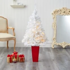4.5' White Artificial Christmas Tree With 100 Clear LED Lights In Red Planter -Artificial Flowers Sale artificial 45 white artificial christmas tree with 100 clear led lights in red planter nearly natural 259395