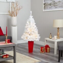 4.5' White Artificial Christmas Tree With 100 Clear LED Lights In Red Planter -Artificial Flowers Sale artificial 45 white artificial christmas tree with 100 clear led lights in red planter nearly natural 482285