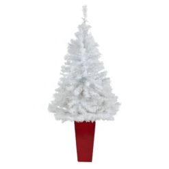 4.5' White Artificial Christmas Tree With 100 Clear LED Lights In Red Planter -Artificial Flowers Sale artificial 45 white artificial christmas tree with 100 clear led lights in red planter nearly natural 869929