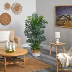 5’ Areca Palm Tree In Boho Chic Handmade Cotton & Jute White Woven Planter UV Resistant -Artificial Flowers Sale artificial 5 areca palm tree in boho chic handmade cotton jute white woven planter uv resistant nearly natural 982955