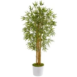 5’ Bamboo Artificial Tree In White Tin Planter