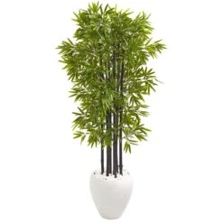 5’ Bamboo Artificial Tree With Black Trunks In White Planter (Indoor/Outdoo)
