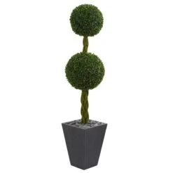 5’ Double Ball Boxwood Topiary Artificial Tree In Slate Planter(Indoor/Outdoor)