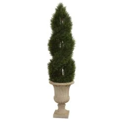 5’ Double Pond Cypress Artificial Spiral Topiary Tree In Urn UV Resistant (Indoor/Outdoor)