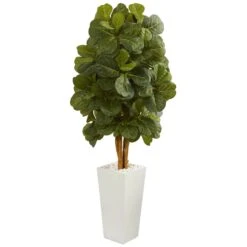 5’ Fiddle Leaf Artificial Tree In White Tower Planter