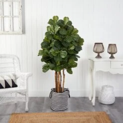 5’ Fiddle Leaf Fig Artificial Tree In Handmade Black And White Natural Jute And Cotton Planter -Artificial Flowers Sale artificial 5 fiddle leaf fig artificial tree in handmade black and white natural jute and cotton planter nearly natural 263982