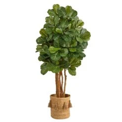5’ Fiddle Leaf Fig Artificial Tree In Handmade Natural Jute Planter With Tassels