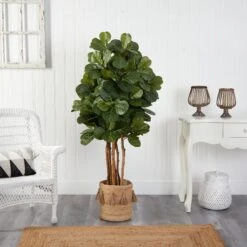 5’ Fiddle Leaf Fig Artificial Tree In Handmade Natural Jute Planter With Tassels -Artificial Flowers Sale artificial 5 fiddle leaf fig artificial tree in handmade natural jute planter with tassels nearly natural 232558