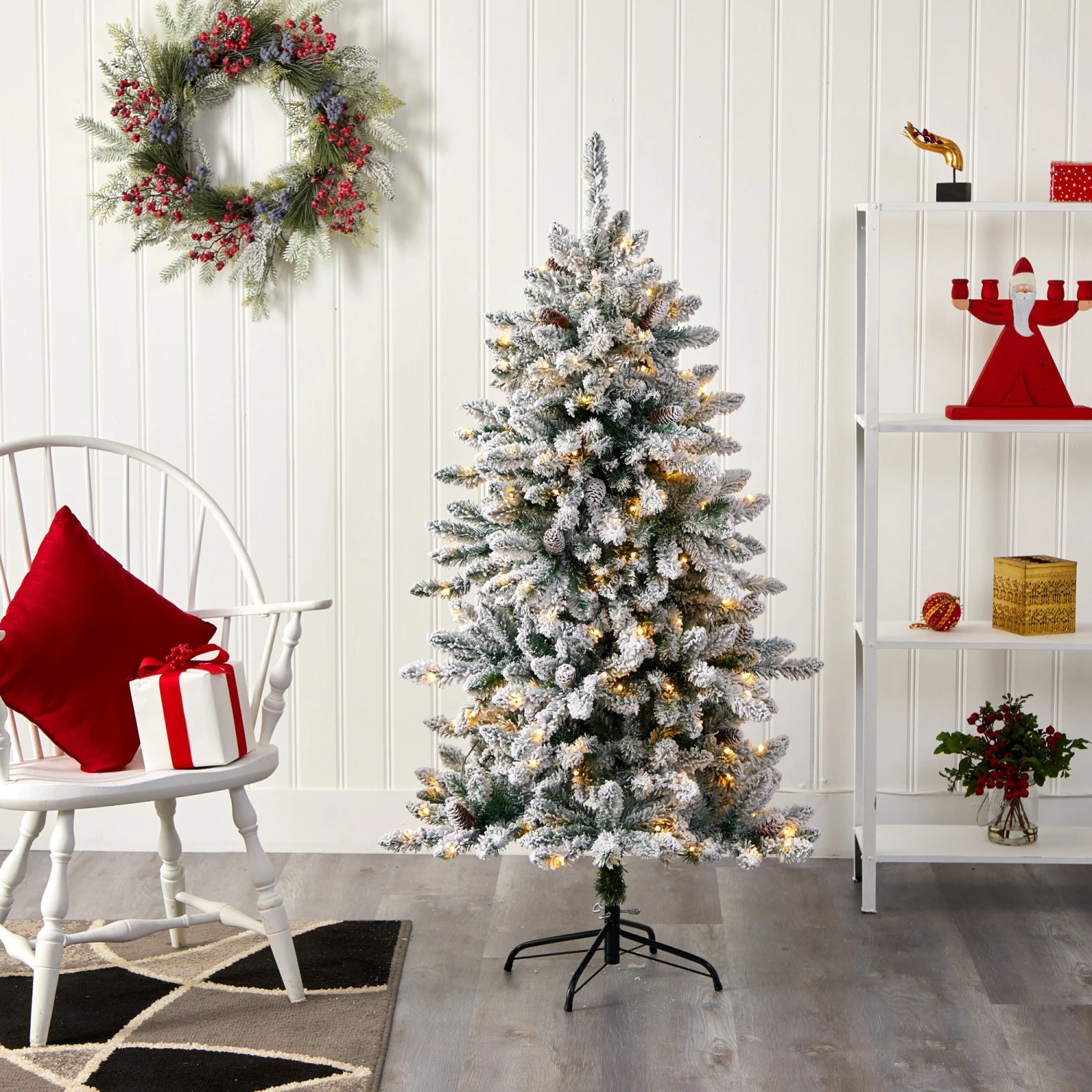 5’ Flocked Livingston Fir Artificial Christmas Tree With Pine Cones And 200 Clear Warm LED Lights 8 5’ Flocked Livingston Fir Artificial Christmas Tree With Pine Cones And 200 Clear Warm LED Lights - Image 6