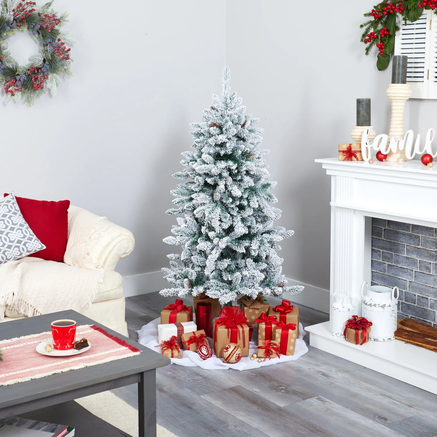 5’ Flocked Livingston Fir Artificial Christmas Tree With Pine Cones And 200 Clear Warm LED Lights 7 5’ Flocked Livingston Fir Artificial Christmas Tree With Pine Cones And 200 Clear Warm LED Lights - Image 5