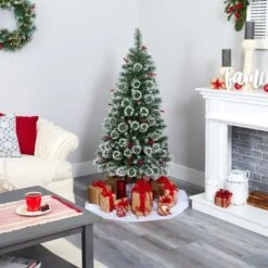 5’ Frosted Swiss Pine Artificial Christmas Tree With 200 Clear LED Lights And Berries -Artificial Flowers Sale artificial 5 frosted swiss pine artificial christmas tree with 200 clear led lights and berries nearly natural 561707