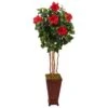 5’ Hibiscus Tree In Decorated Wooden Planter -Artificial Flowers Sale artificial 5 hibiscus tree in decorated wooden planter nearly natural 676330